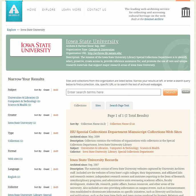 Homepage of Iowa State's instance of Archive-It