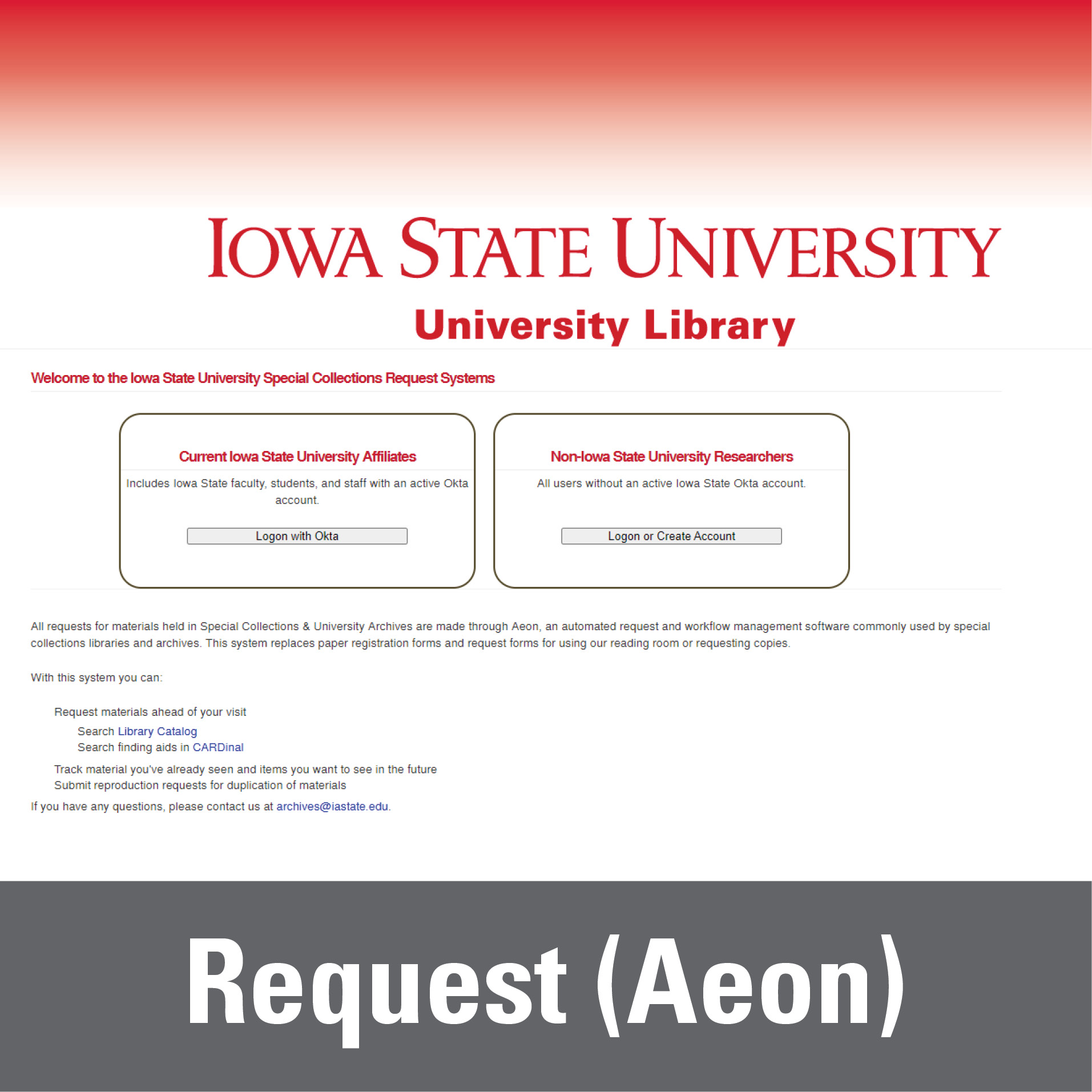 Icon with SCUA Aeon login page with fading red to white in header, and white text in gray block "Request (Aeon)"
