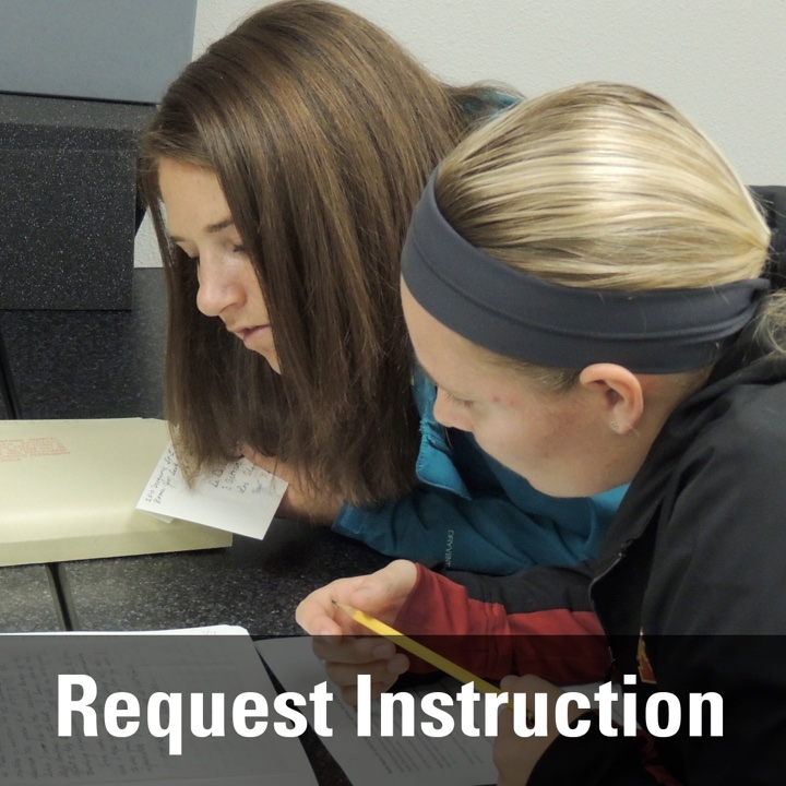 Decorative icon photograph of two white female students close up viewing primary source documents links to Instruction request page